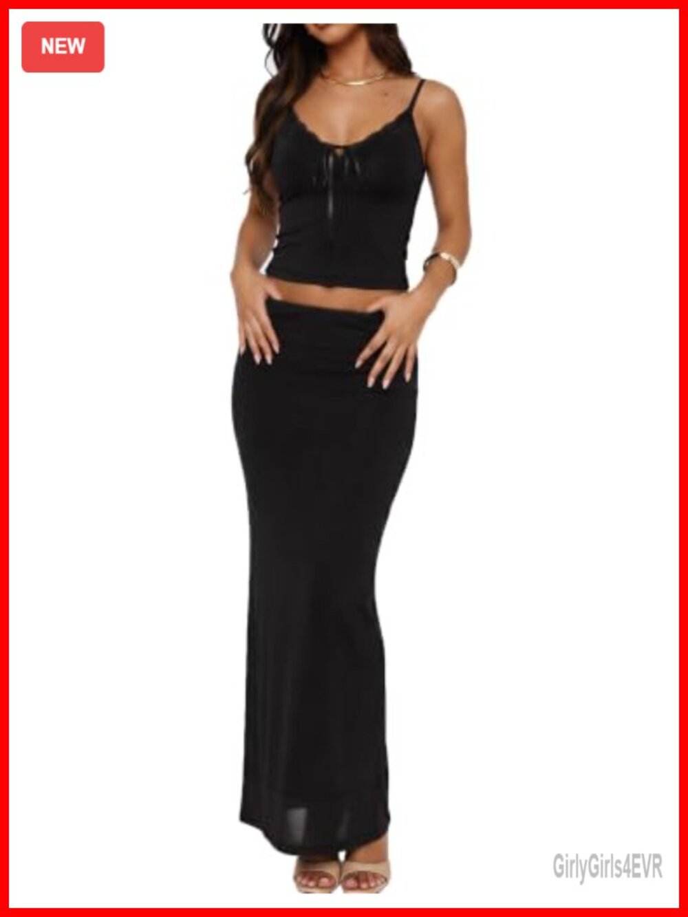 Women's 2 Piece Maxi Skirt Set Lace Mesh Camisole Bodycon Matching Set